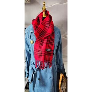 BURBERRYs of London 100% Lambswool RED Scarf Shawl Nova Check Vintage